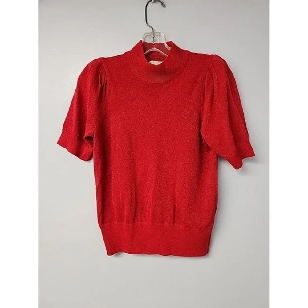 Michael Kors Red Glitter Knit Puff Sleeve Sweater – XS